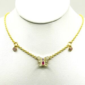 NWOT Sterling silver 14k gold plated butterfly necklace with red stone 16”-18”